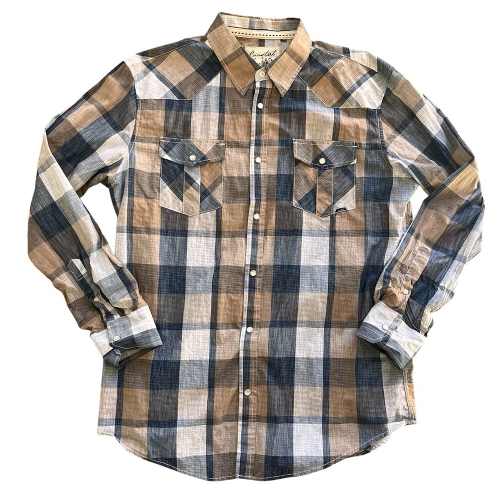 Coastal Plaid Long Sleeve Pearl Snap Shirt mens size XL tan blue white